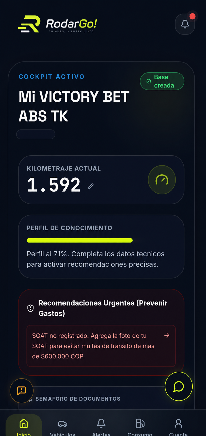 Pantalla de Cockpit de RodarGo