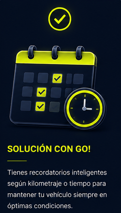 Solucion con RodarGo!: Con kilometraje, fechas e historial, RodarGo! te ayuda a programar el cuidado antes de que sea urgencia.